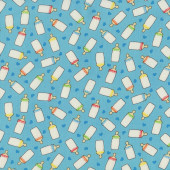 Baby Bottles on Blue Love Hearts Baby Talk Quilting Fabric