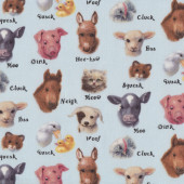 Baby Farm Animals Cats Dogs With Sounds on Blue Quilt Fabric