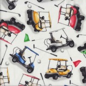 Golf Buggies on White Back Nine Sports Quilting Fabric