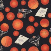 Basketballs Hoops on Black Sports q Quilting Fabric