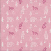 Cute Foxes Bears Trees on Pink Quilting Fabric