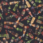 Beer Bottles Ale Lager Alcohol Mens on Black Quilting Fabric