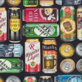 Beer Cans of the World on Black Mens Ale House Quilting Fabric