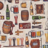 Beer Barrel Glass Sign Taps Alcohol Mens on Beige Quilting Fabric