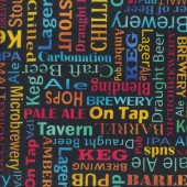 Beer Words on Black Hops Brewery Mens Ale House Quilting Fabric