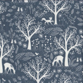 Woodland Deer Forest Trees Foxes on Blue Folkstone Quilting Fabric 