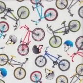Bicycles Bikes Helmets on White Boys Mens Quilt Fabric