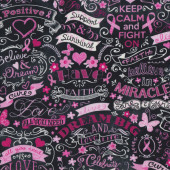 Pink Ribbon Breast Cancer Keep Calm on Black Quilting Fabric