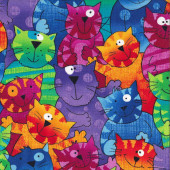 Bright Colourful Comical Cats Quilting Fabric