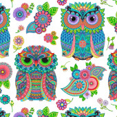 Large Owls on White Night Bright Quilt Fabric Panel