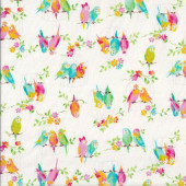 Colourful Budgies Birdcage on Cream Budgerigar Quilting Fabric