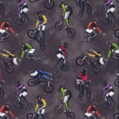 BMX Bike Bunny Hop Mania Tricks Competition on Charcoal Quilting Fabric