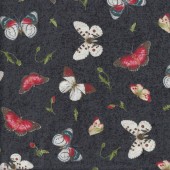 Butterflies on Grey Black Flower Buds Poppy Perfection Quilting Fabric