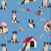 Border Collie Dog Kennel Ball and Toys Canine Companions on Blue Quilting Fabric