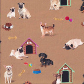Dachshunds Pugs Chihuahuas Dog Kennel Canine Companions on Tan Quilting Fabric