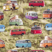 Kombi Campervans and Retro Caravans on Grass Caravanners Quilting Fabric