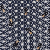 Japanese Black Cats Asanoha Pattern on Navy Quilting Fabric 2 Metre Pre Cut 