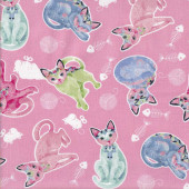Fancy Cats Balls of Wool Fish Bones Mice on Pink Quilting Fabric