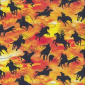 Cowboys on Horses Silhouettes Sunset Cattle Drive Quilting Fabric