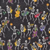 Skeletons Playing Guitars on Black Quilting Fabric