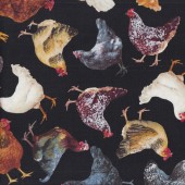 Barnyard Chickens on Black Farm Animal Country Bird Quilting Fabric