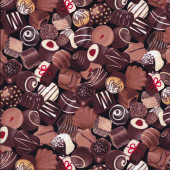 Delicious Chocolates Confectionery Sweets on Black Quilting Fabric