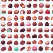 Delicious Chocolates in Rows on White Sweet Tooth Quilting Fabric 