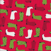 Christmas Boots on Red Quilting Fabric Remnant 44cm x 112cm