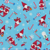 Christmas Gnomes Candy Canes Snow Flakes on Blue Gnomeville Quilting Fabric