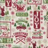 Christmas Patch on Beige Sleigh Reindeers Noel Quilting Fabric