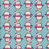 Happy Penguins on Aqua Blue with White Dots Quilting Fabric