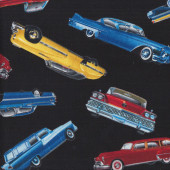 Colourful Classic American Cars on Black Quilting Fabric