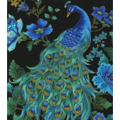 Beautiful Peacocks on Black with Metallic Gold LARGE PRINT Quilting Fabric By The Metre
