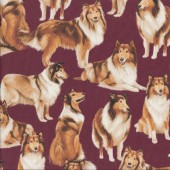 Collie Dogs Lassie Pet Animal on Red Burgundy Quilting Fabric