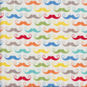 Colourful Geeky Moustaches on White Quilting Fabric