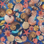 Colourful Ocean Sea Shells Starfish on Blue Oceana Quilting Fabric