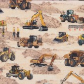 Heavy Construction Machinery and Workers on Cream Quilting Fabric