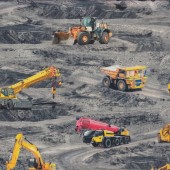 Heavy Construction Machinery Excavator Crane Mining on Grey Quilting Fabric