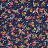 Japanese Origami Cranes with Metallic Gold on Navy Pre Quilted 1/2 Metre Pre Cut