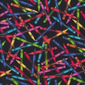 Colourful Crayons on Black Quilting Fabric
