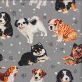 Cute Puppies Beagle Shar Pei Yorkie Paw Prints on Grey Quilting Fabric