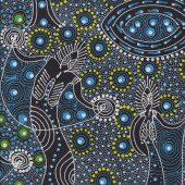 Australian Indigenous Aboriginal Dancing Spirit Blue By C. Wallace Quilting Fabric