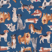 Dog Breeds Beagle Corgi Schnauzer on Blue Quilting Fabric