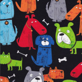 Comical Dog Breeds and Bones on Black Dog Gonnit Quilting Fabric