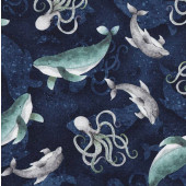 Dolphins Whales Octopus on Navy Paradise Bay Quilting Fabric