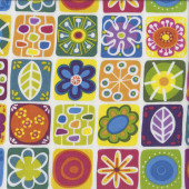 Doodilicious Flowers Leaves in Colourful Squares on White Quilting Fabric