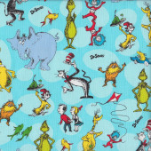 Dr Seuss Cat in the Hat Grinch Horton Lorax on White Licensed Quilt Fabric