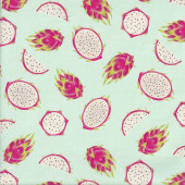 Red Dragon Fruit Whole and Halves on Pastel Green Quilting Fabric