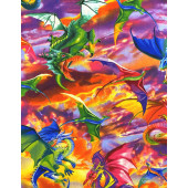 Bright Colourful Mythical Dragons Large Print Quilting Fabric