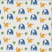 Cute Orange Foxes Blue Elephants on White Quilting Fabric